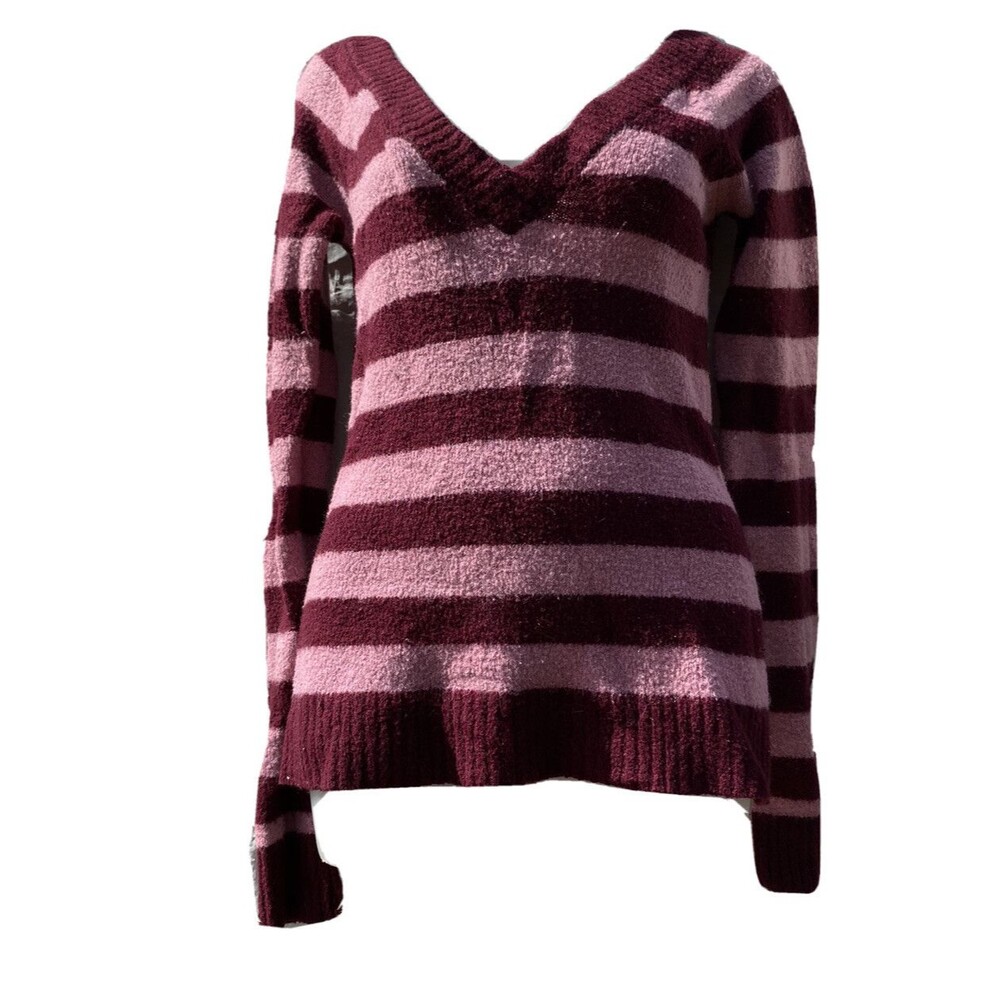 FOREVER 21 Pink Striped Vneck Sweater Jrs Sz Medium Wool Blend Stretch Long Slee